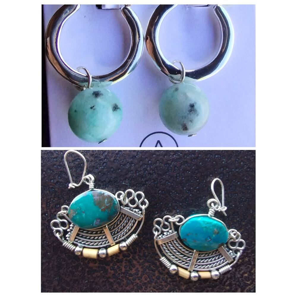 Lotus Jasper Silver Hoops & Turquoise Silver Boho Fringe Chandelier Earrings Lot